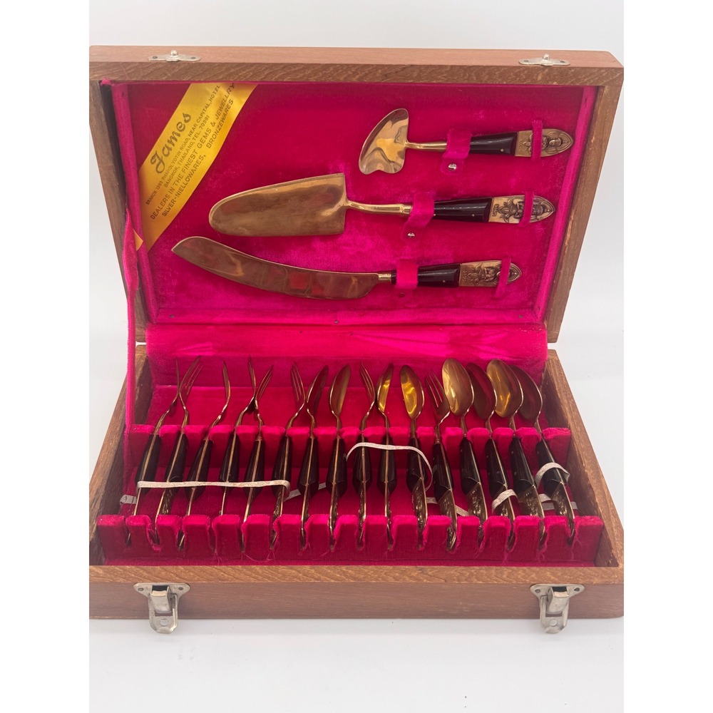 Vintage James Thailand Nickel Bronze Dessert Utensil Set 19pc‎ Siam Goddess Case